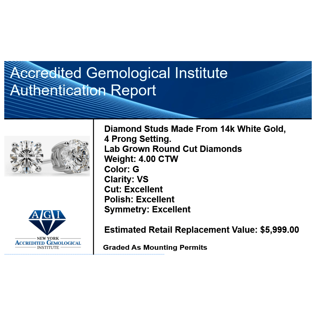 4.00 CTW AGI Certified Lab Grown Diamond Stud Earrings in 14K White or Yellow Gold - G Color VS Clarity - New Generation Old Tradition