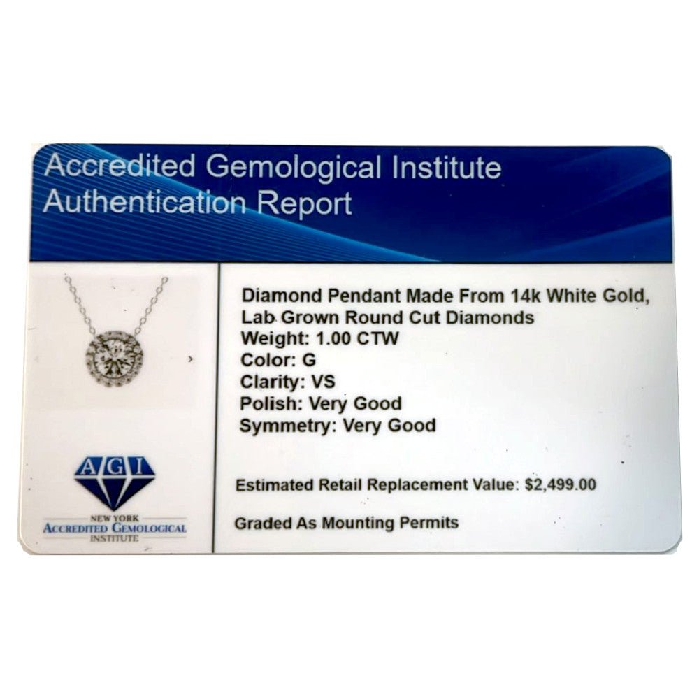 Exquisite AGI Certified Lab - Grown Diamond (G/VS) Halo Pendant Necklace in 14kt White Gold - Choose 1 CTW or 2 CTW - Bijoux Majestique Jewelry
