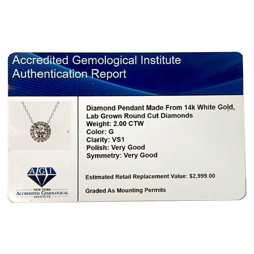Exquisite AGI Certified Lab - Grown Diamond (G/VS) Halo Pendant Necklace in 14kt White Gold - Choose 1 CTW or 2 CTW - Bijoux Majestique Jewelry