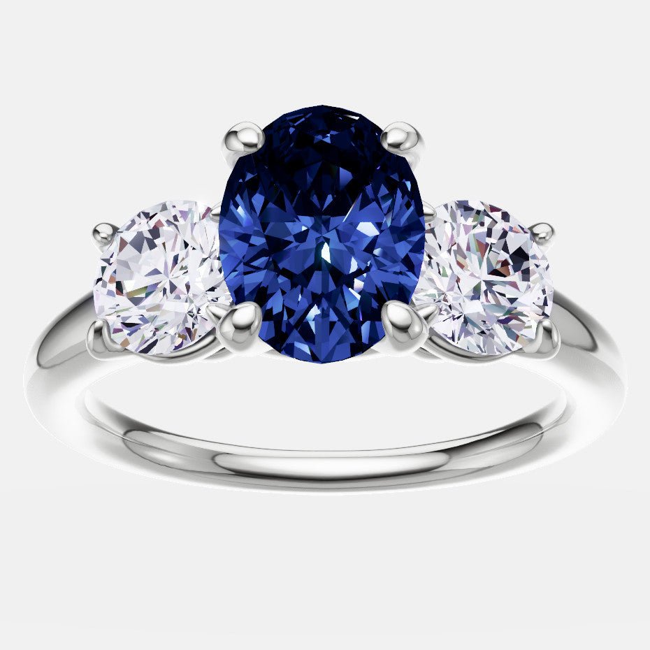 2.00 CTW Lab Created Oval Blue Sapphire & Diamond 3 - Stone Engagement Ring in 14kt Gold - Bijoux Majestique Jewelry